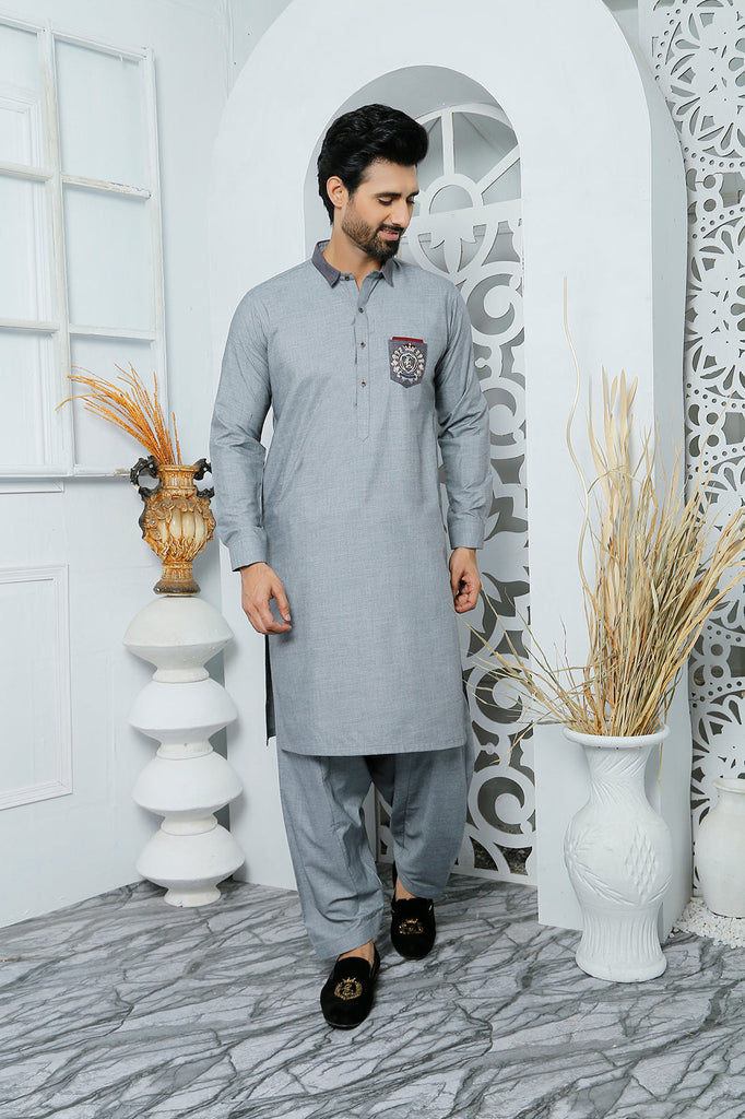 ER 477 Grey Shemrik Edge Republic Kurta Shalwar For Men With Monogram Emroided on Pocket