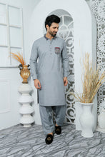 Load image into Gallery viewer, ER 477 Grey Shemrik Edge Republic Kurta Shalwar For Men With Monogram Emroided on Pocket