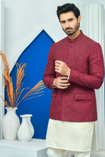 Load image into Gallery viewer, ER PC 2030 Maroon on Maroon elegant embroided Kora Dabka Work on Collar with Hand Finished Buttons Prince Coat