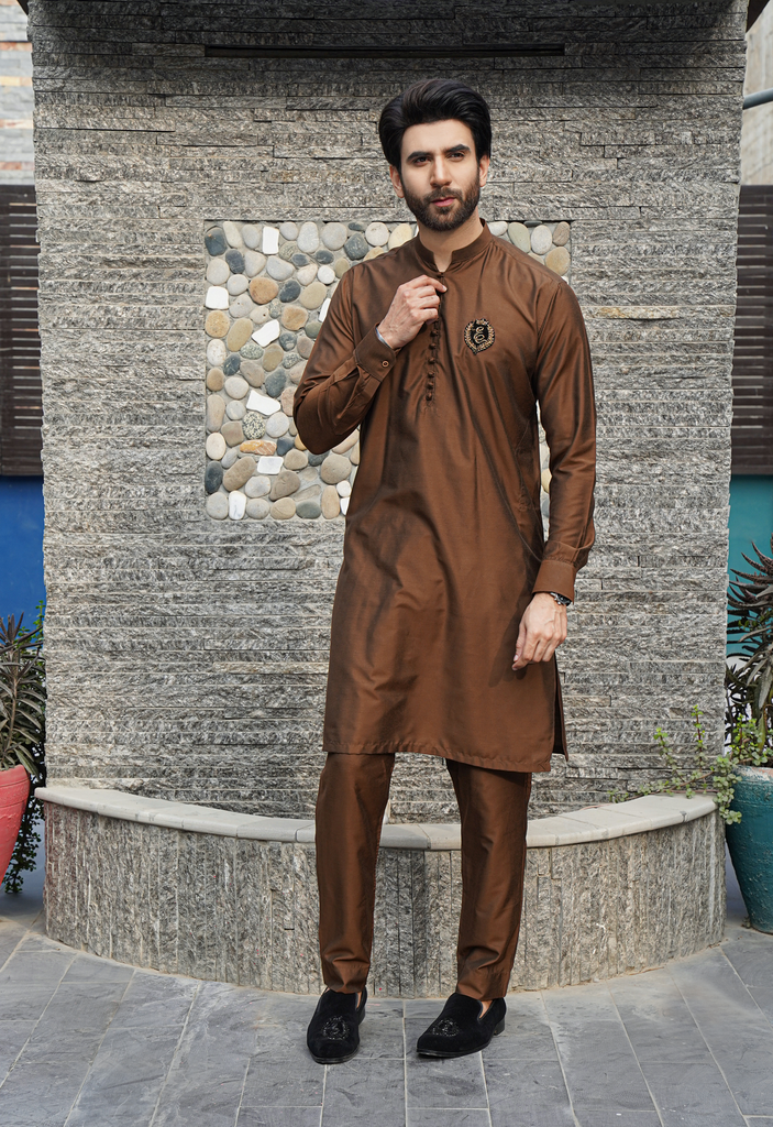 ER 577 Brown Raw silk Kurta and Trouser with Signature Logo