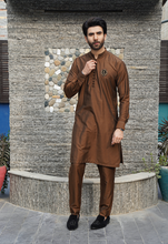 Load image into Gallery viewer, ER 577 Brown Raw silk Kurta and Trouser with Signature Logo