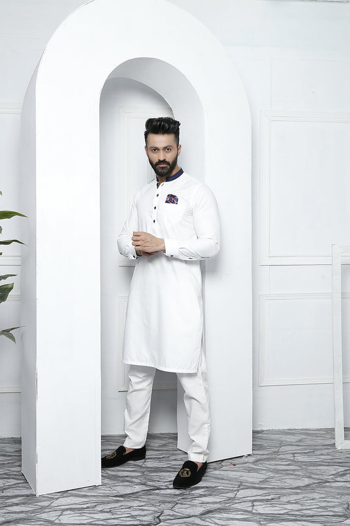 ER 468 White Edge Republic Kurta Pajama For Men with Removable Pocket Square