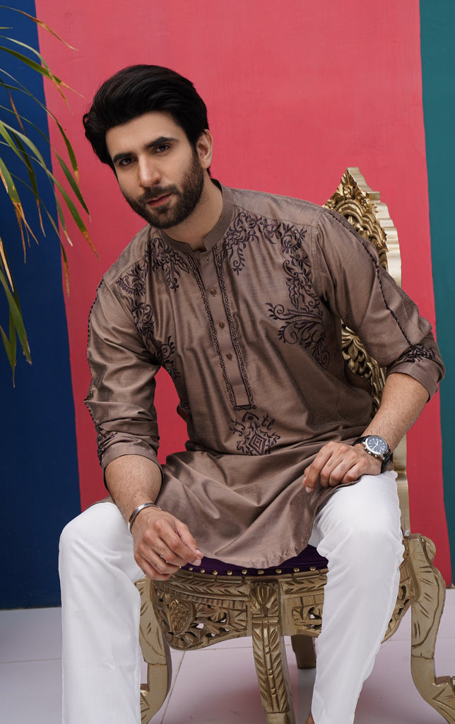 ER 580 Metallic Color Raw Silk Embroided Kurta Pajama