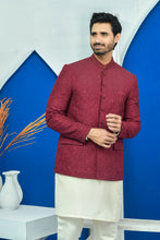 Load image into Gallery viewer, ER PC 2030 Maroon on Maroon elegant embroided Kora Dabka Work on Collar with Hand Finished Buttons Prince Coat