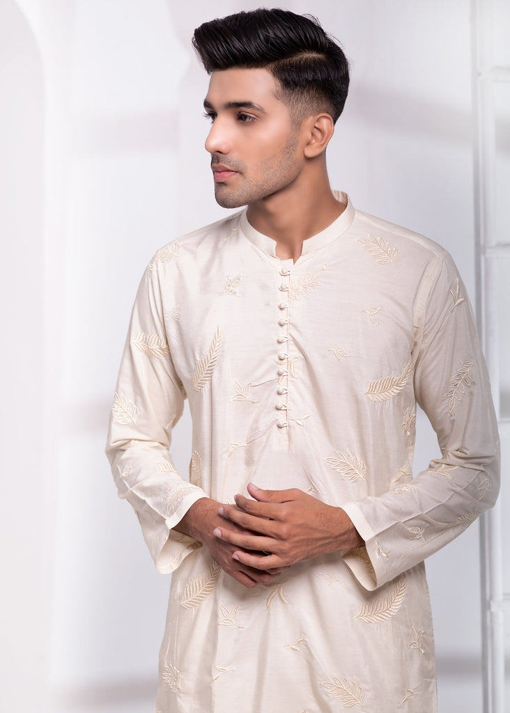 ER EMB 549 Embroided Off White kurta Pajama For Nikkah