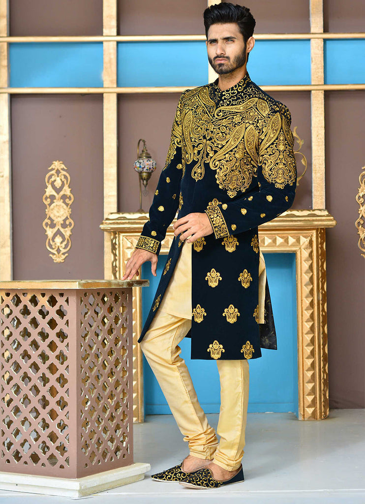 Er Sh-080 Ranveer Singh Sherwani Khali Style on Velvet With Copper Tilla Embroidery