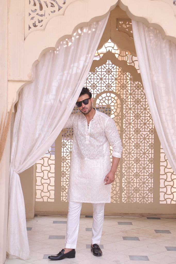 ER MR 40 White Chicken Kari See Through Fabric Kurta Pajama Mirror Work For Men