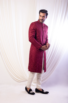 Maroon Self Embroided Sherwan