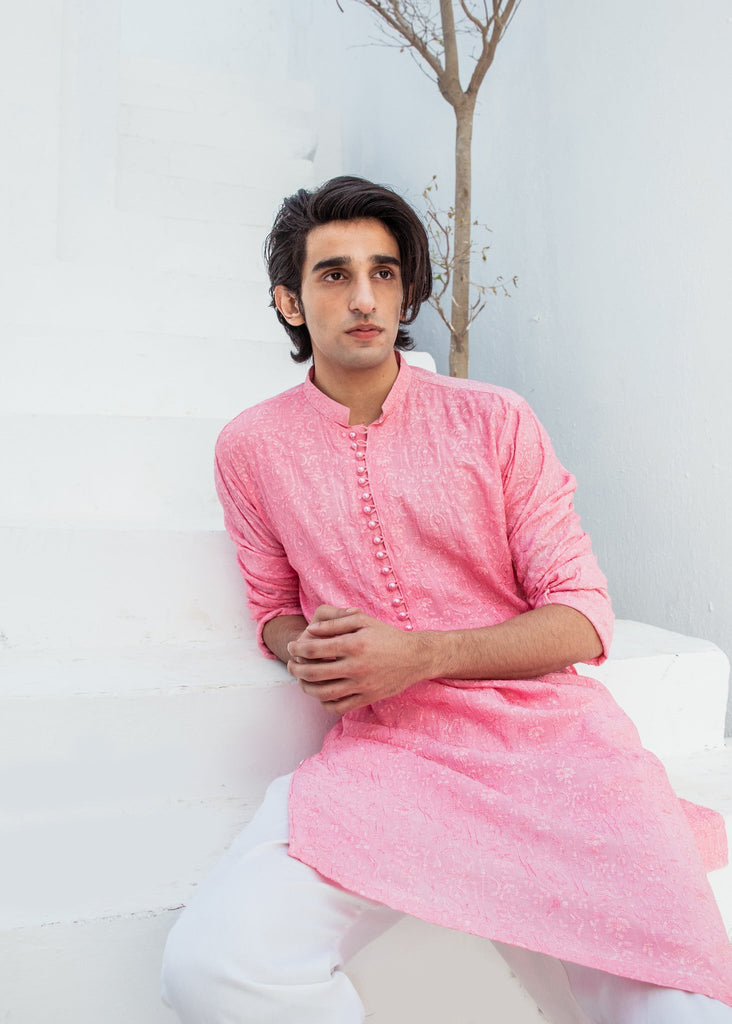 CK 722 Pink ChickanKari Kurta Pajama For Men