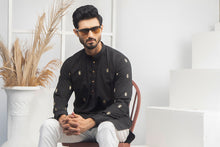 Load image into Gallery viewer, ER 524 Black WIth Gold EMbroided Kurta And Off White Trouser