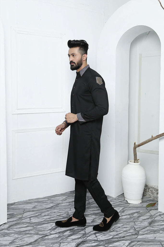 ER 487 Black Cut Collar Edge Republic Kurta Pajama For Men