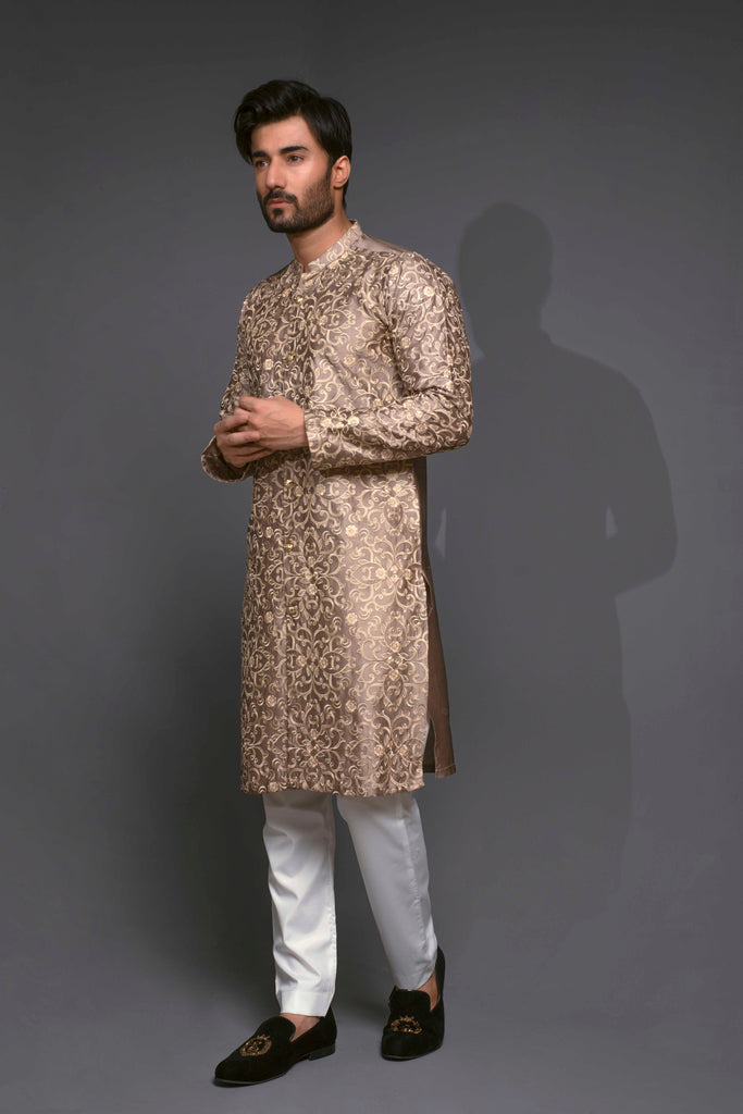 ER 518 Front Open Embroided Sherwani Style Kurta With White Trouser