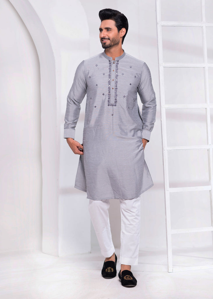 ER EMB 531 Grey Raw silk Mirror Embroidery Kurta Pajama