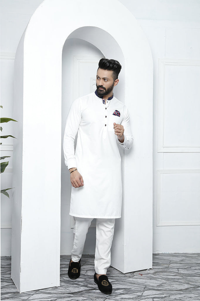 ER 468 White Edge Republic Kurta Pajama For Men with Removable Pocket Square