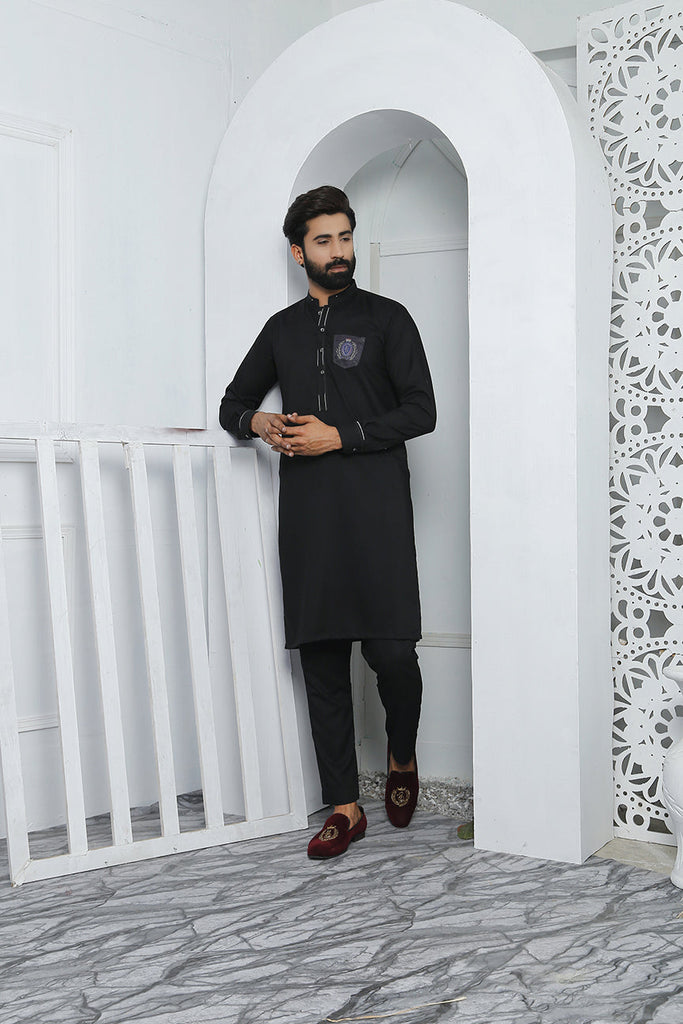 ER 467 black Edge Republic Kurta Pajama For Men With Monogram Printed on Pocket