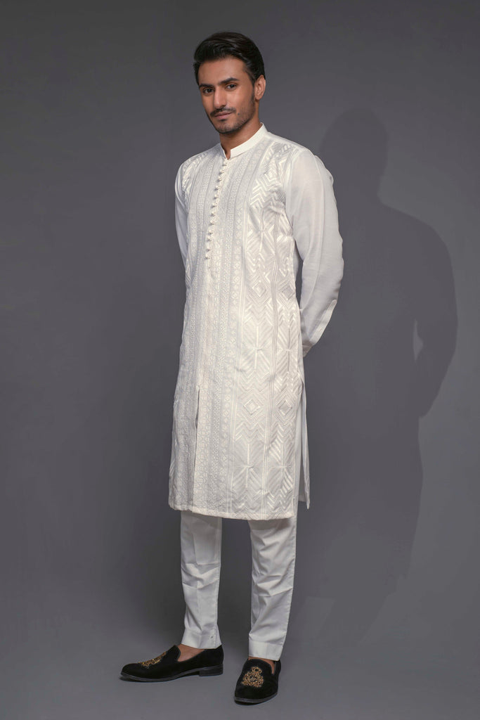 ER 519 White Geometric EMbroided Front Open Style Kurta Pajama