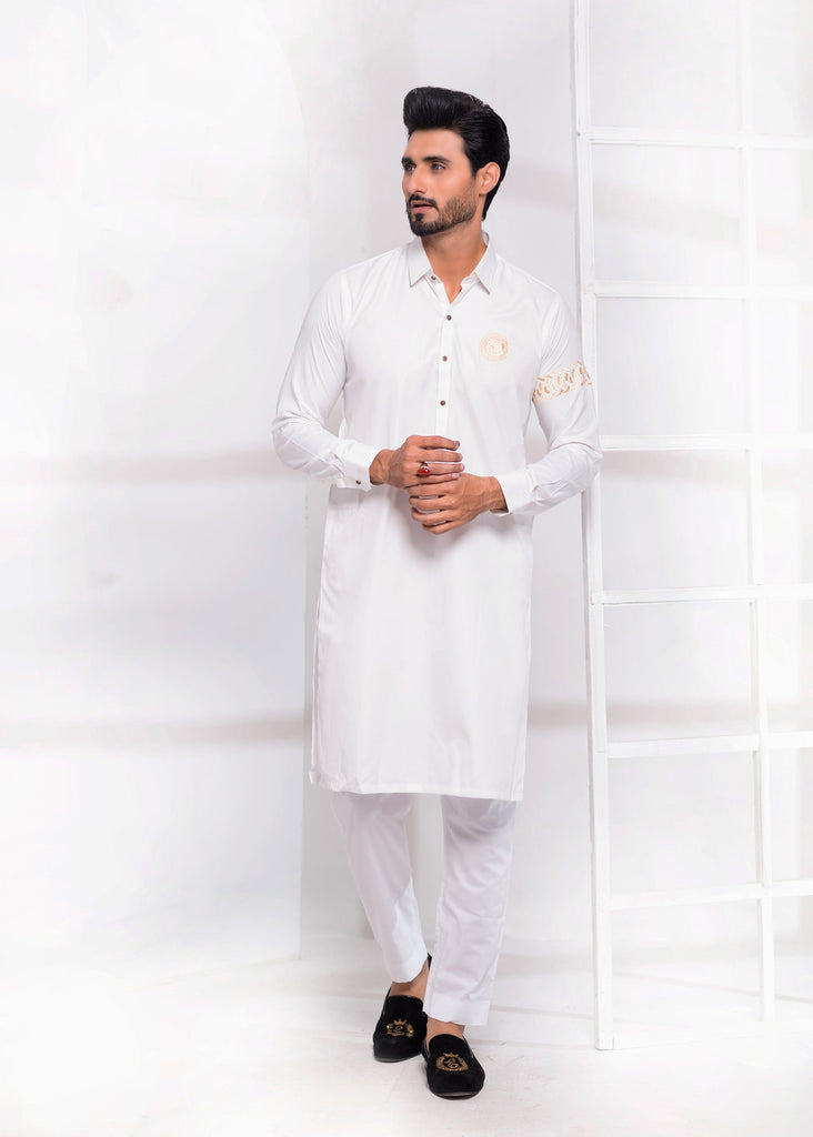 ER 534 Edge Kurta Shalwar Off white With Logo and Emboided SLeeves