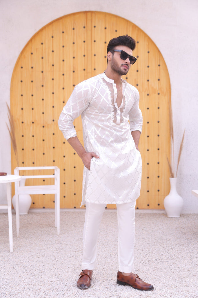 ER MR 42 White Cutt Work Self Cotton Silk Fabric Kurta Pajama Mirror Work For Men