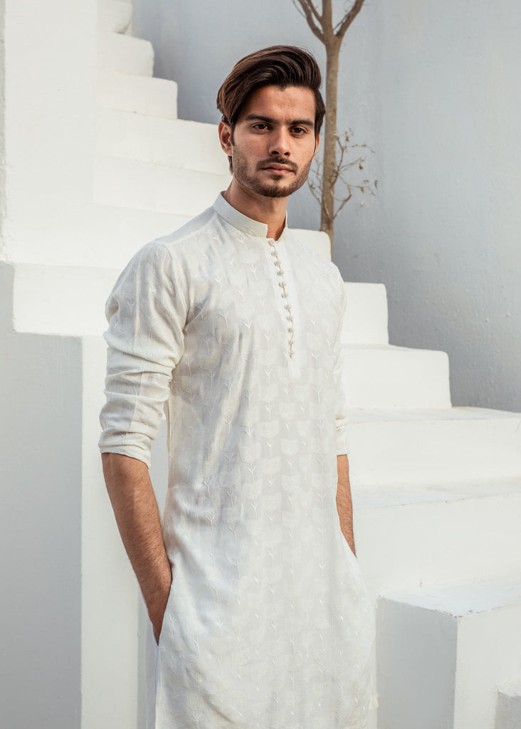 CK 723 White Chicken Kari Kurta Pajama For Men