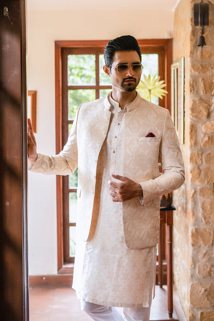 ER 2075 White and Beige Gold Embroided Prince Coat For men