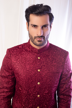 Maroon Self Embroided Sherwan