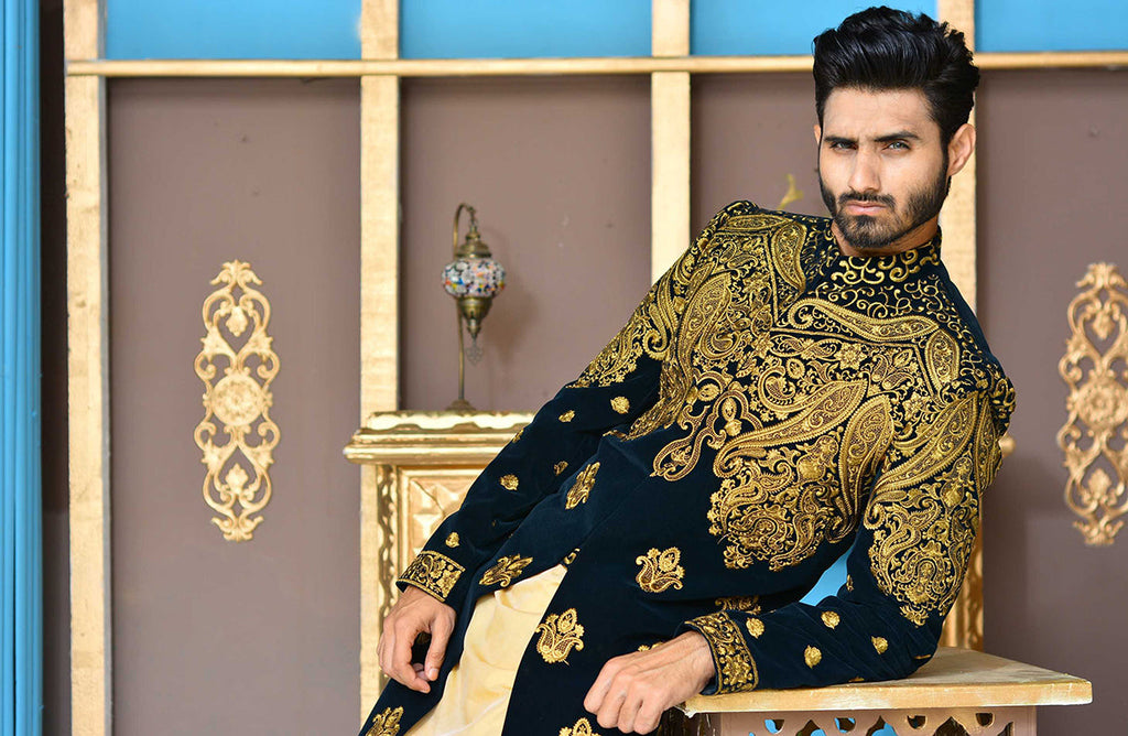 Er Sh-080 Ranveer Singh Sherwani Khali Style on Velvet With Copper Tilla Embroidery