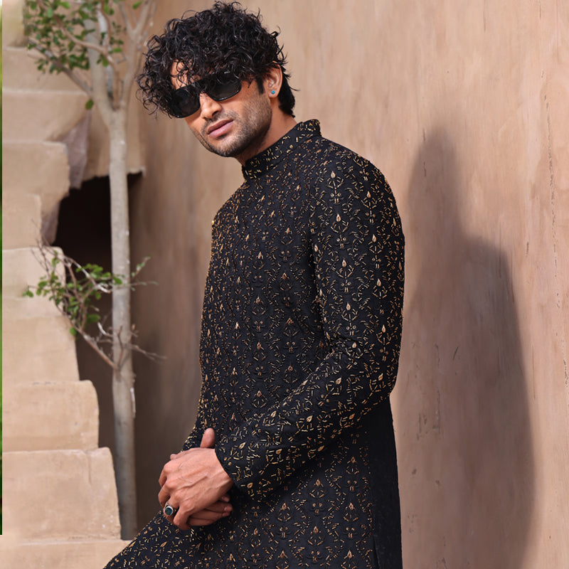 ER SH 101 Black Hand Work Sherwani For Groom