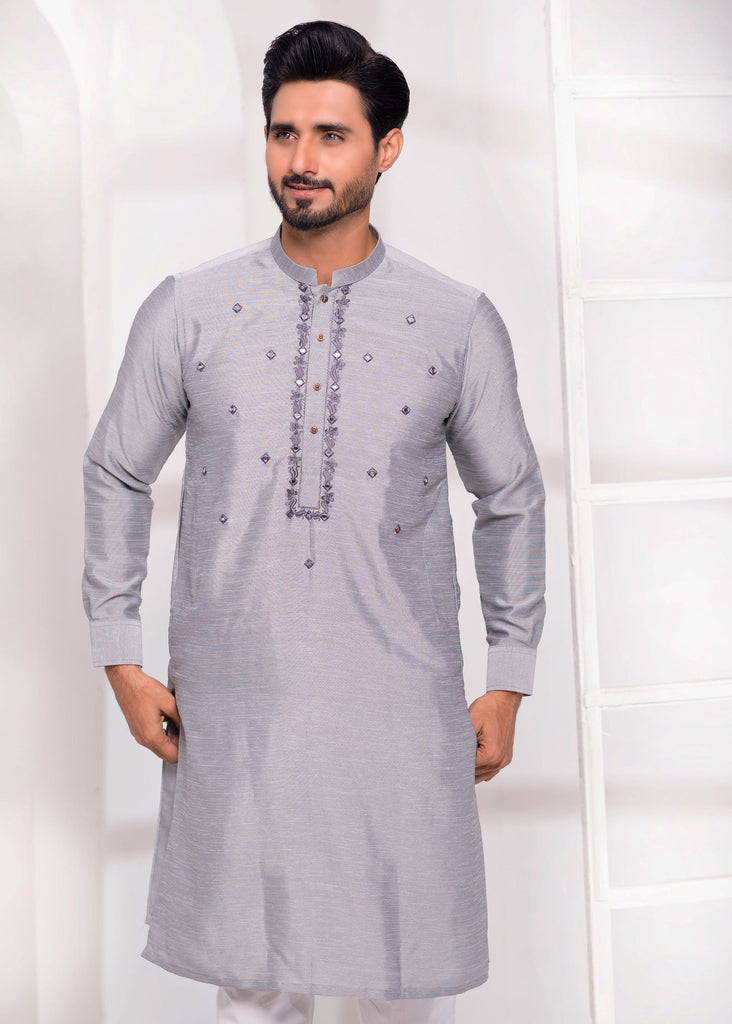 ER EMB 531 Grey Raw silk Mirror Embroidery Kurta Pajama