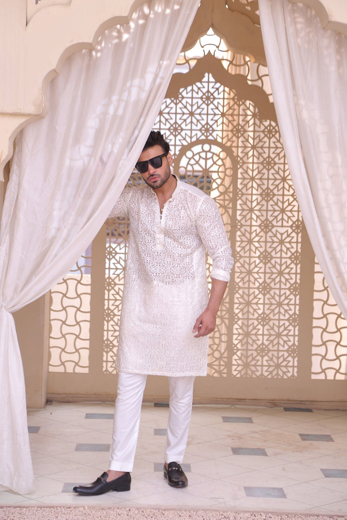 ER MR 40 White Chicken Kari See Through Fabric Kurta Pajama Mirror Work For Men