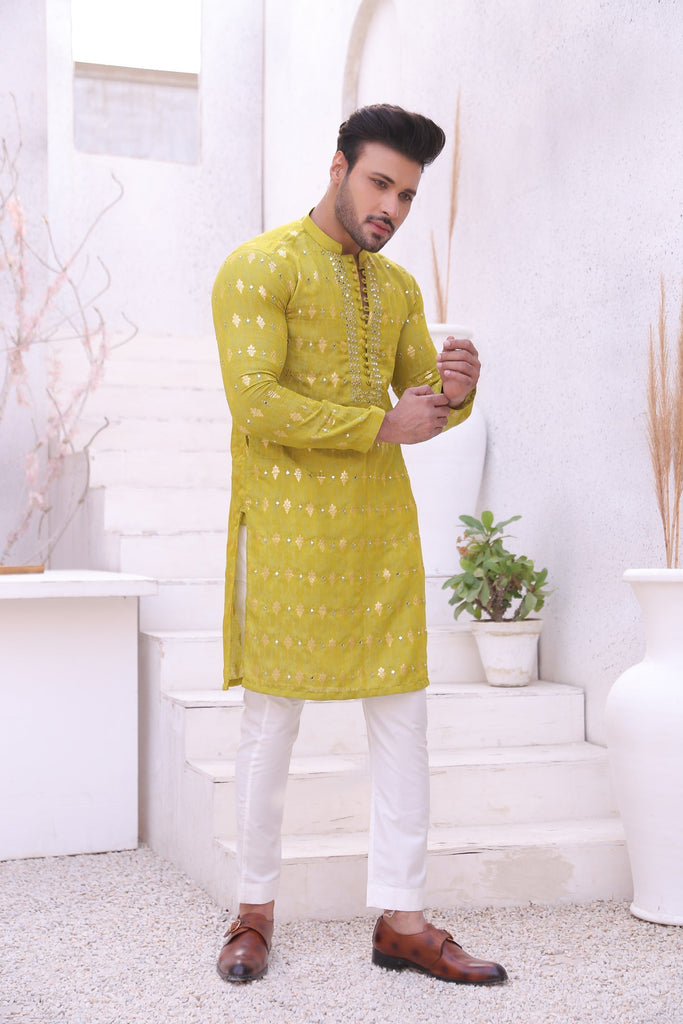 ER MR 44  FLouroscent Self Cotton Silk Fabric Kurta Pajama Mirror Work For Men