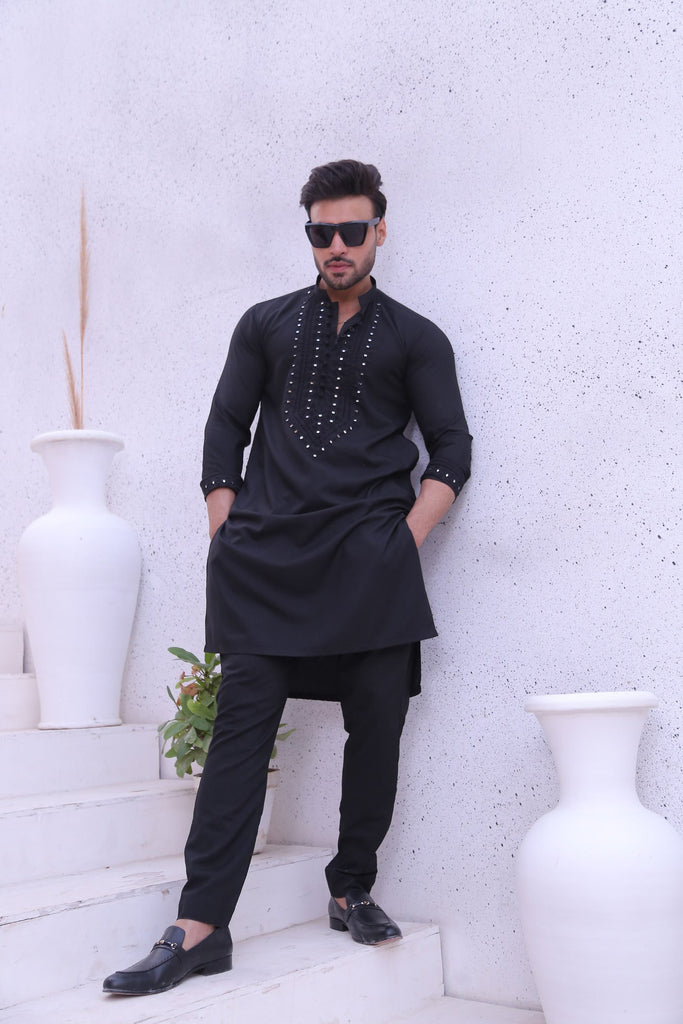 ER MR 43 Black Mirror Work PV Fabric Kurta Pajama Mirror Work For Men