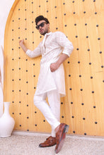 Load image into Gallery viewer, ER MR 42 White Cutt Work Self Cotton Silk Fabric Kurta Pajama Mirror Work For Men