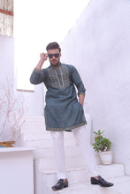 Load image into Gallery viewer, ER MR 38 Green Mirror Work Self Cotton Silk Fabric Kurta Pajama Mirror Work For Men