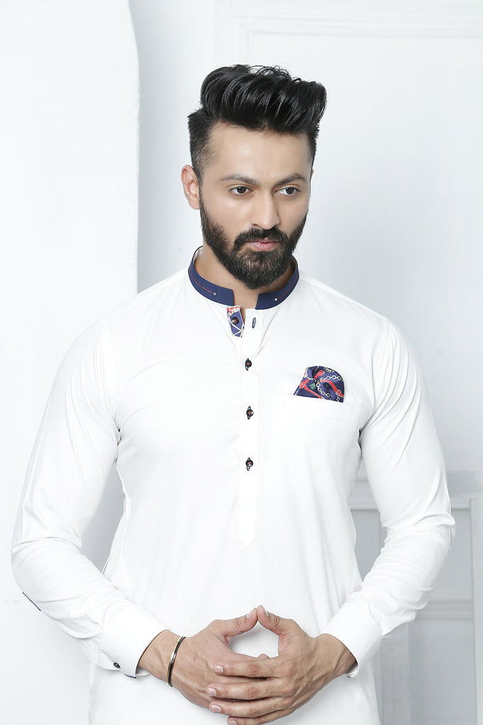 ER 468 White Edge Republic Kurta Pajama For Men with Removable Pocket Square