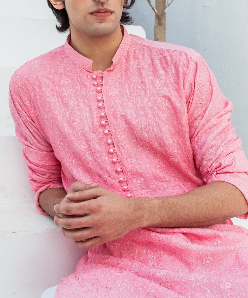 CK 722 Pink ChickanKari Kurta Pajama For Men