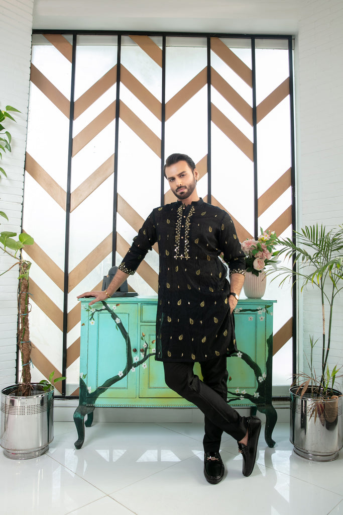 ER MR 34 Black Mirror Embroidery Kurta Pajama