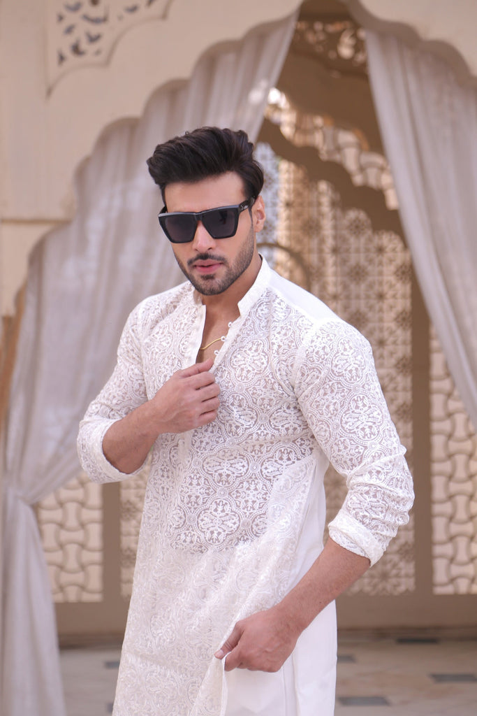 ER MR 40 White Chicken Kari See Through Fabric Kurta Pajama Mirror Work For Men