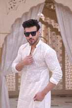 Load image into Gallery viewer, ER MR 40 White Chicken Kari See Through Fabric Kurta Pajama Mirror Work For Men