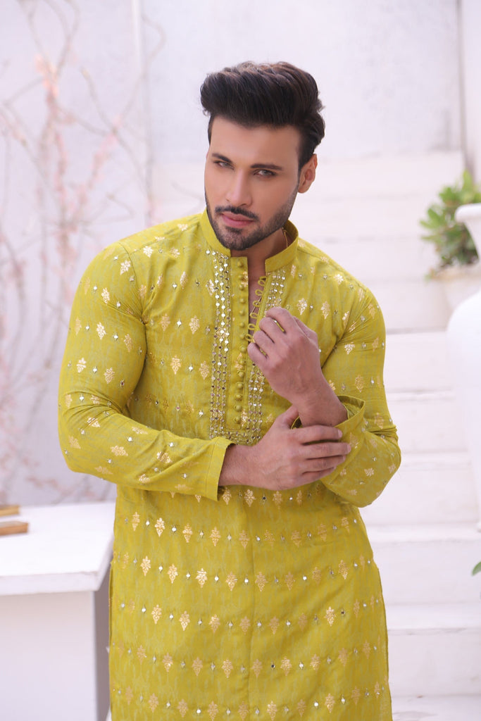 ER MR 44  FLouroscent Self Cotton Silk Fabric Kurta Pajama Mirror Work For Men