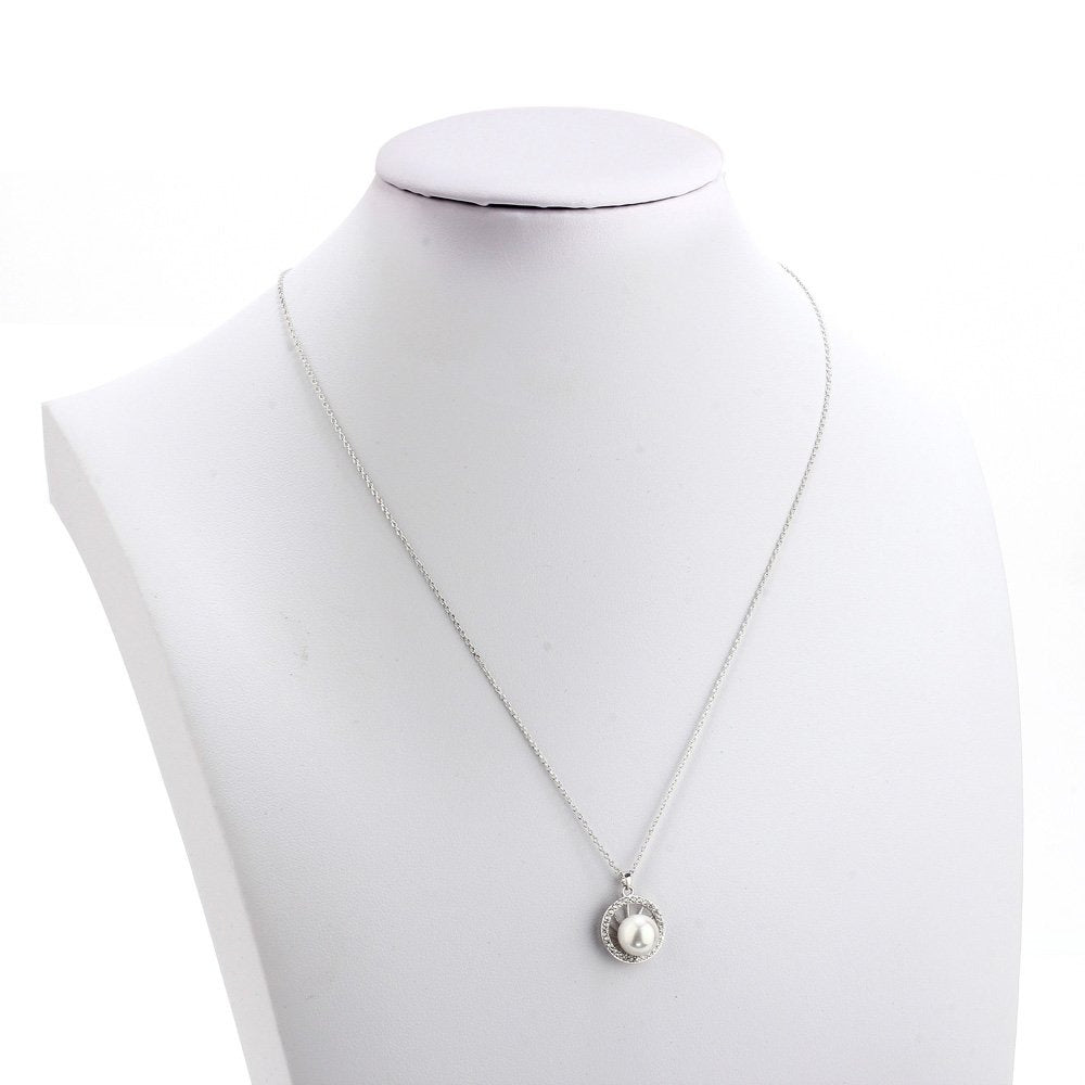 AGN0049 - Silver Sparkling Crystal Pearl Circle Necklace