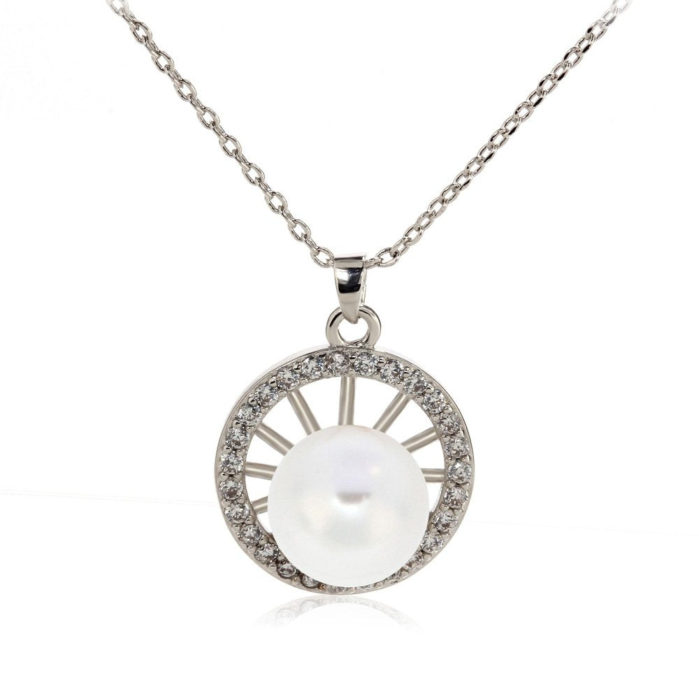 AGN0049 - Silver Sparkling Crystal Pearl Circle Necklace