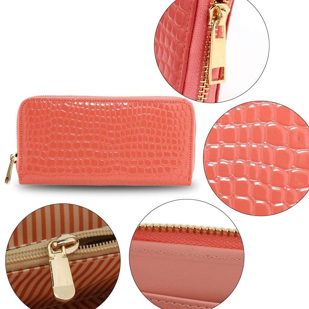 AGP5019 - Pink Zip Around Crocodile Pattern Purse