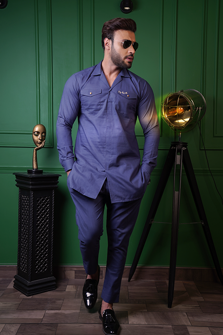 ER 612 Blue Linen Co Ord Sets Men's