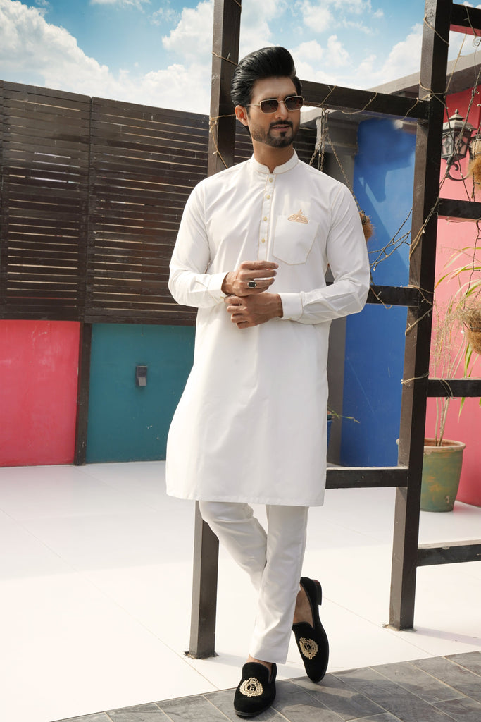 ER 584 Crown Chest Pocket EMb White Kurta Pajama