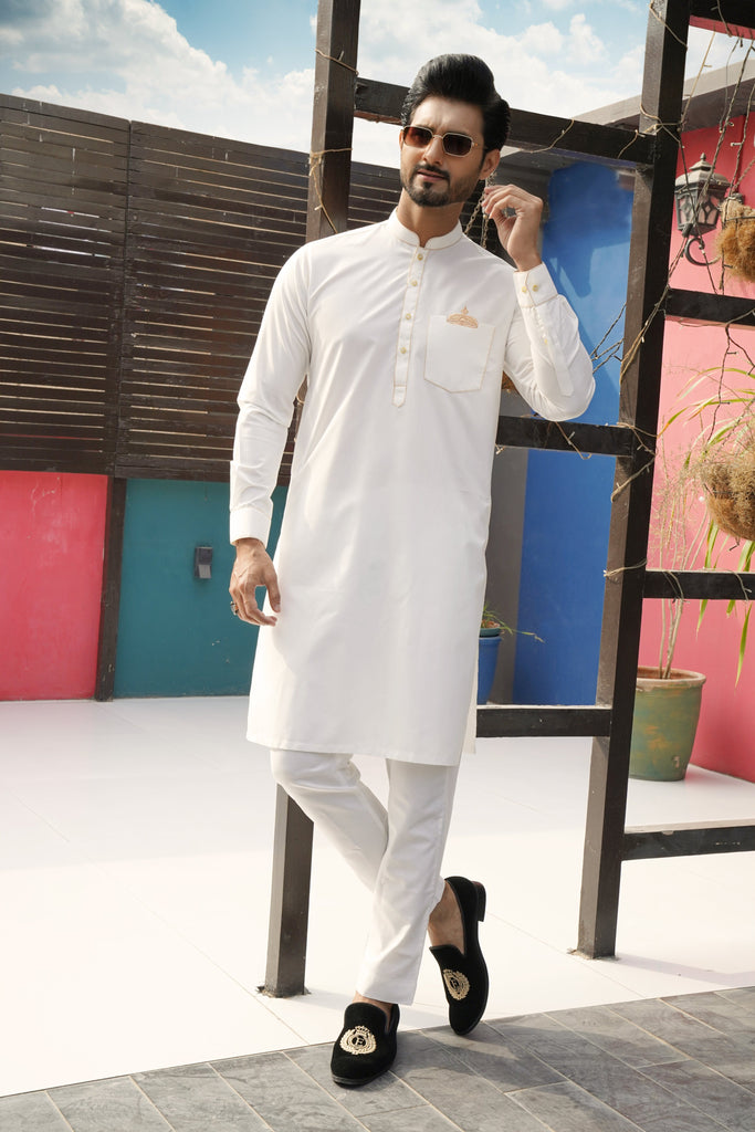 ER 584 Crown Chest Pocket EMb White Kurta Pajama