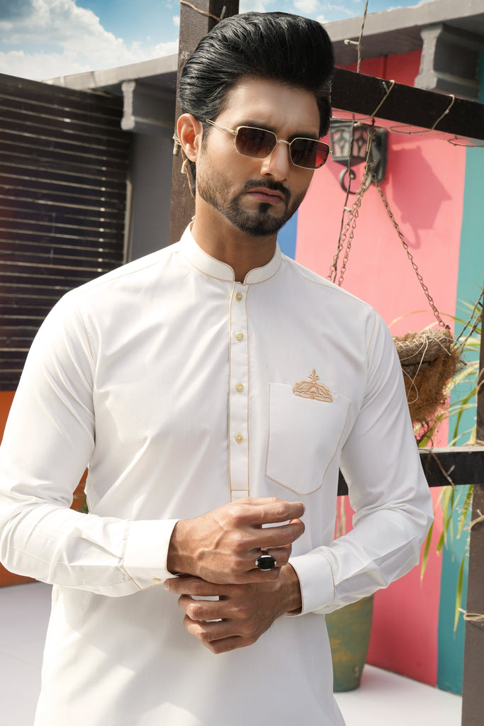 ER 584 Crown Chest Pocket EMb White Kurta Pajama