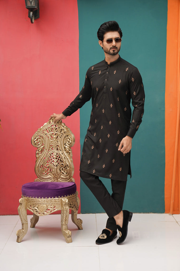 ER 532BlkCopperEmb BLack Copper Embroided Kurta Pajama