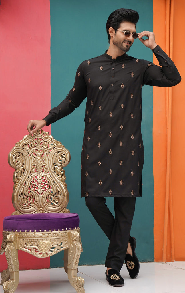 ER 532BlkCopperEmb BLack Copper Embroided Kurta Pajama