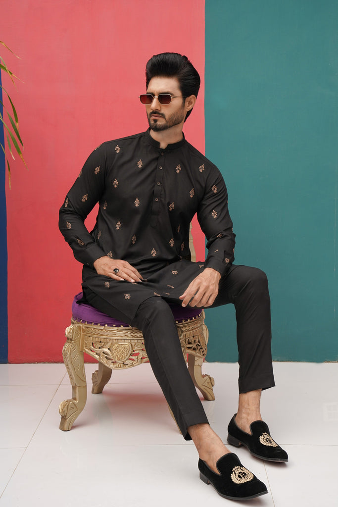 ER 532BlkCopperEmb BLack Copper Embroided Kurta Pajama