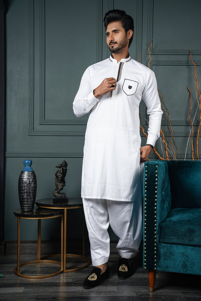 ER 599 White Embelished 4 Season Kurta Pajama For Men